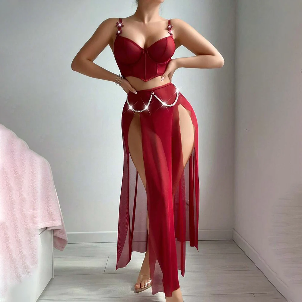 1set Womens Sexy Lingerie V Neck Spaghetti Strap Pajamas Dress Mesh Long Skirt Bustier Corset Top Pearl Chain Sexy Slit Dress