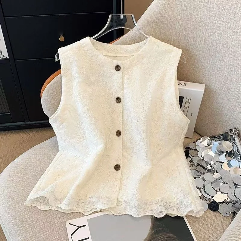 

Женский весенне-летний темпераментный жилет, усовершенствованный жаккардовый кружевной жилет без рукавов с круглым вырезом, новый однобортный кардиган, топ