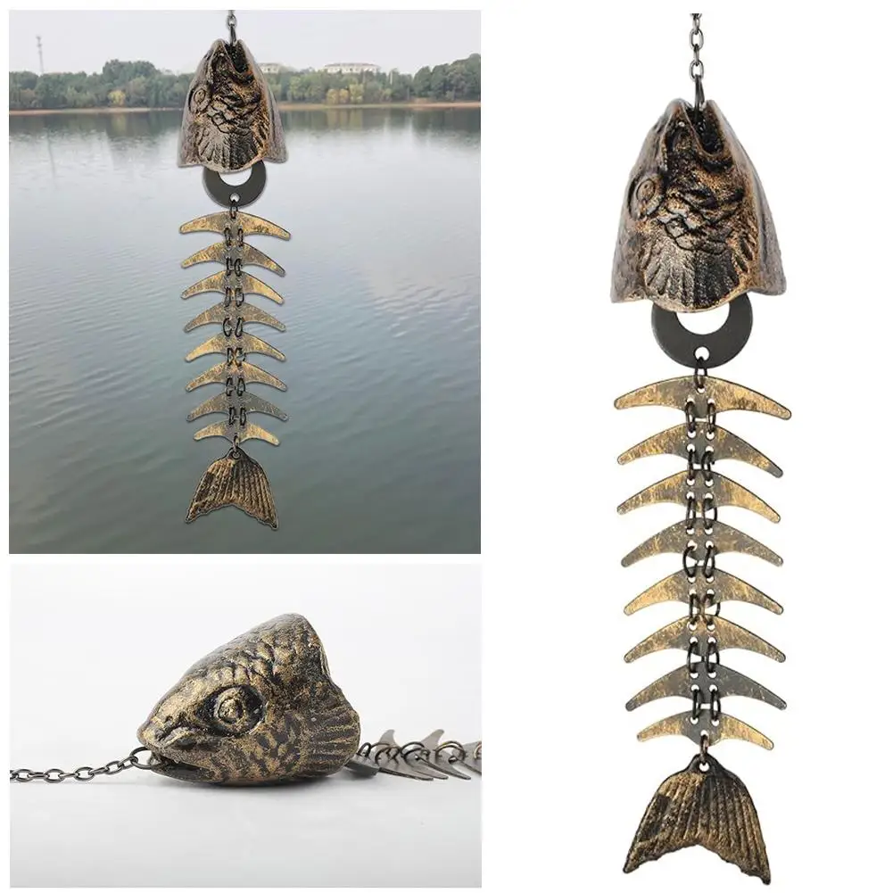 Vintage Fish Skeleton Windchime Cast Iron Fish Bone Metal Wind Chimes for Outdoor Garden Decor Melody for Home, Yard, Porch W2S3