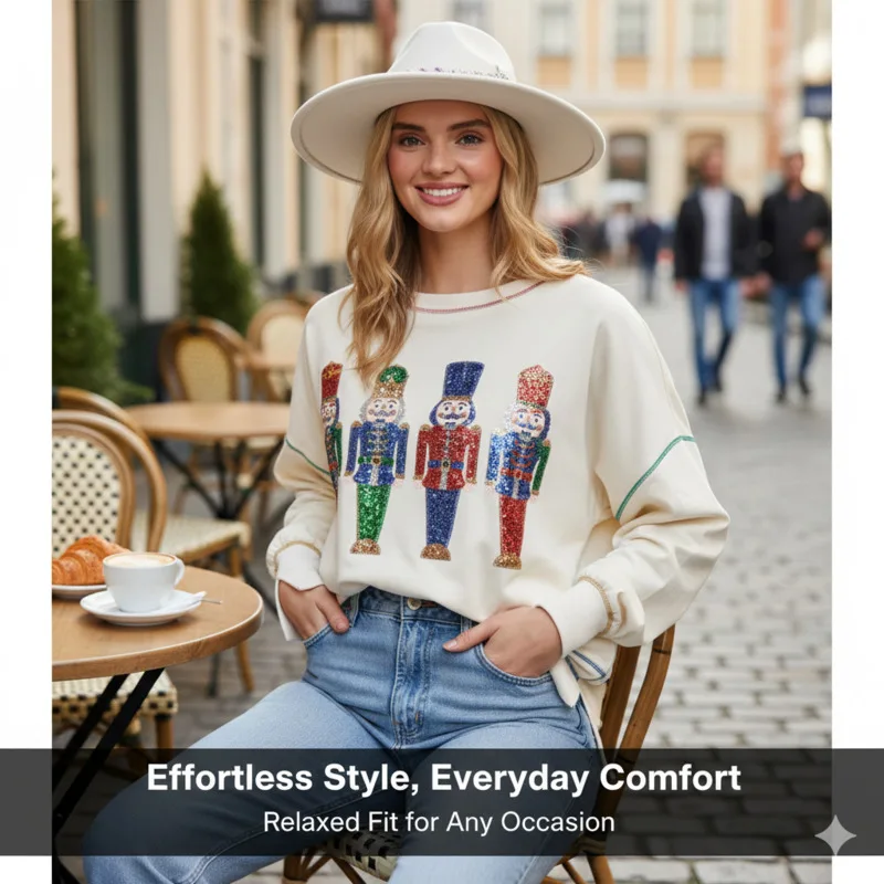 

Праздничный женский свитшот с узором «Щелкунчик» и блестками, уютный пуловер большого размера, топ для зимней уличной одежды, праздничная одежда