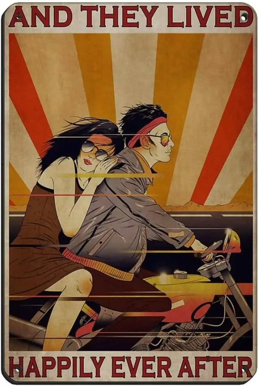 ZXER Motorcycle Couple And They Lived Happily Ever After Retro Poster Tin Sign Vintage Metal Pub Club Cafe Bar Home Wall Ar sign