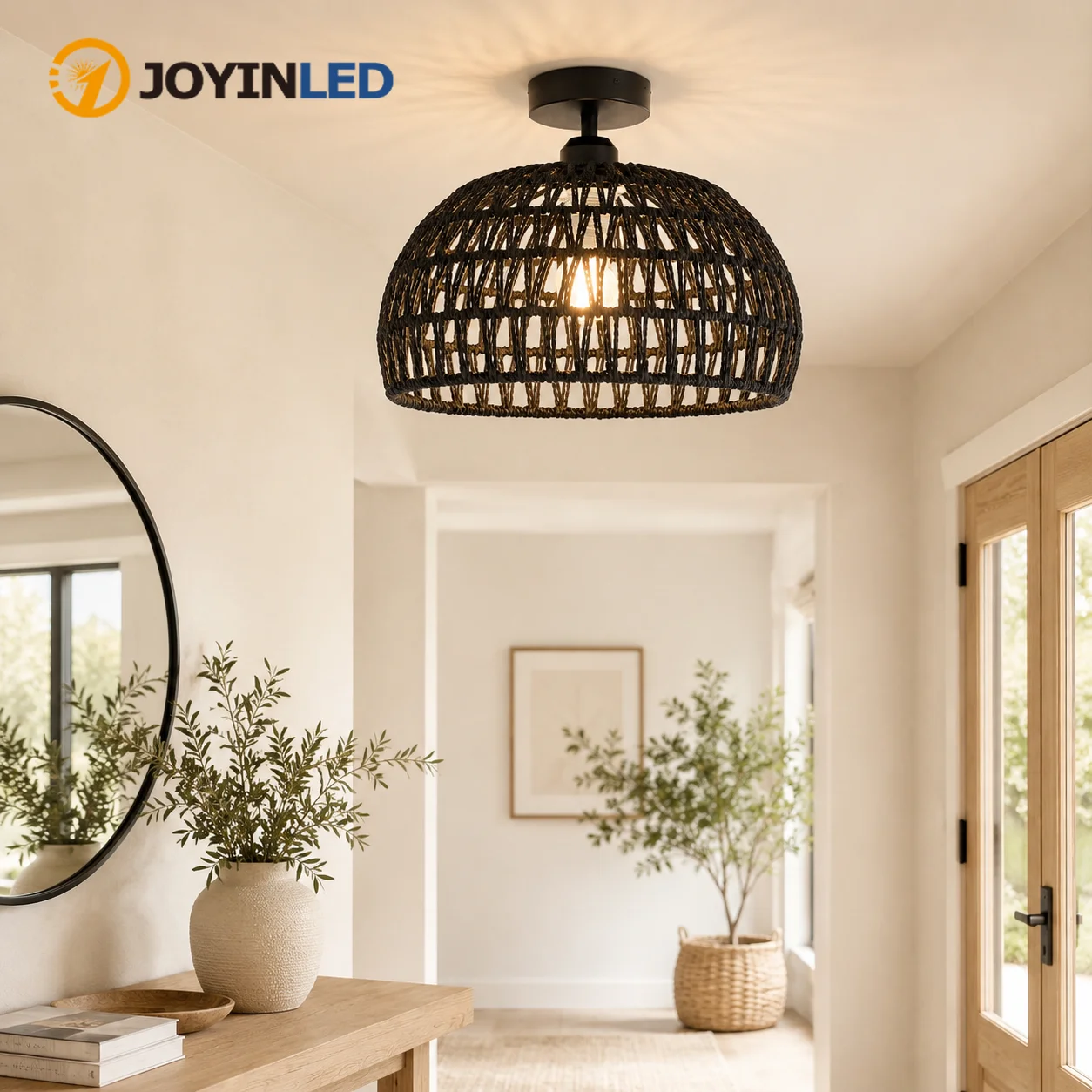 JOYINLED Boho-Stil 30CM Rattan-Deckenlampe Schwarz Handgefertigte Weiden-Deckenleuchte E27 Rustikale Bauernhaus-Leuchte für Küche, Flur, Wohnzimmer, Schlafzimmer