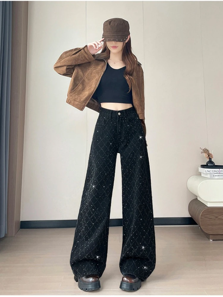 Starry Sky Sparkling Diamond Weaving Mesh Wide Leg Jeans Women in Autumn and Winter 2025 Thick Versatile Fashion Pants