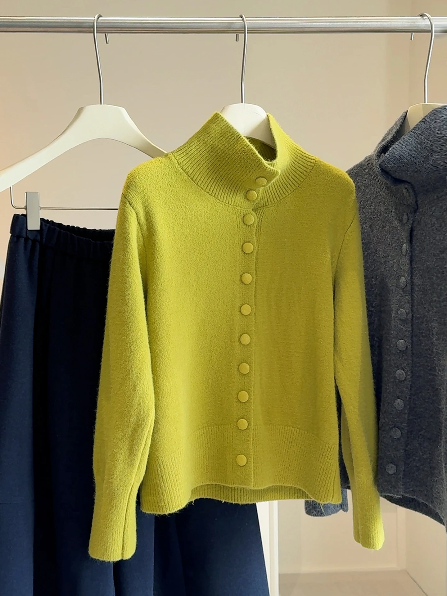 

Однотонный вязаный кардиган с воротником-стойкой для женщин, осень 2022, новый свободный однобортный свитер с длинными рукавами, пальто, винтажные топы