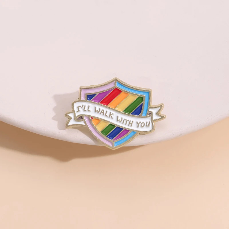 I Will Walk With You Enamel Pin Custom Rainbow Shield Brooches Metal Badge Decoration Clothing Wholesale Medal For Student