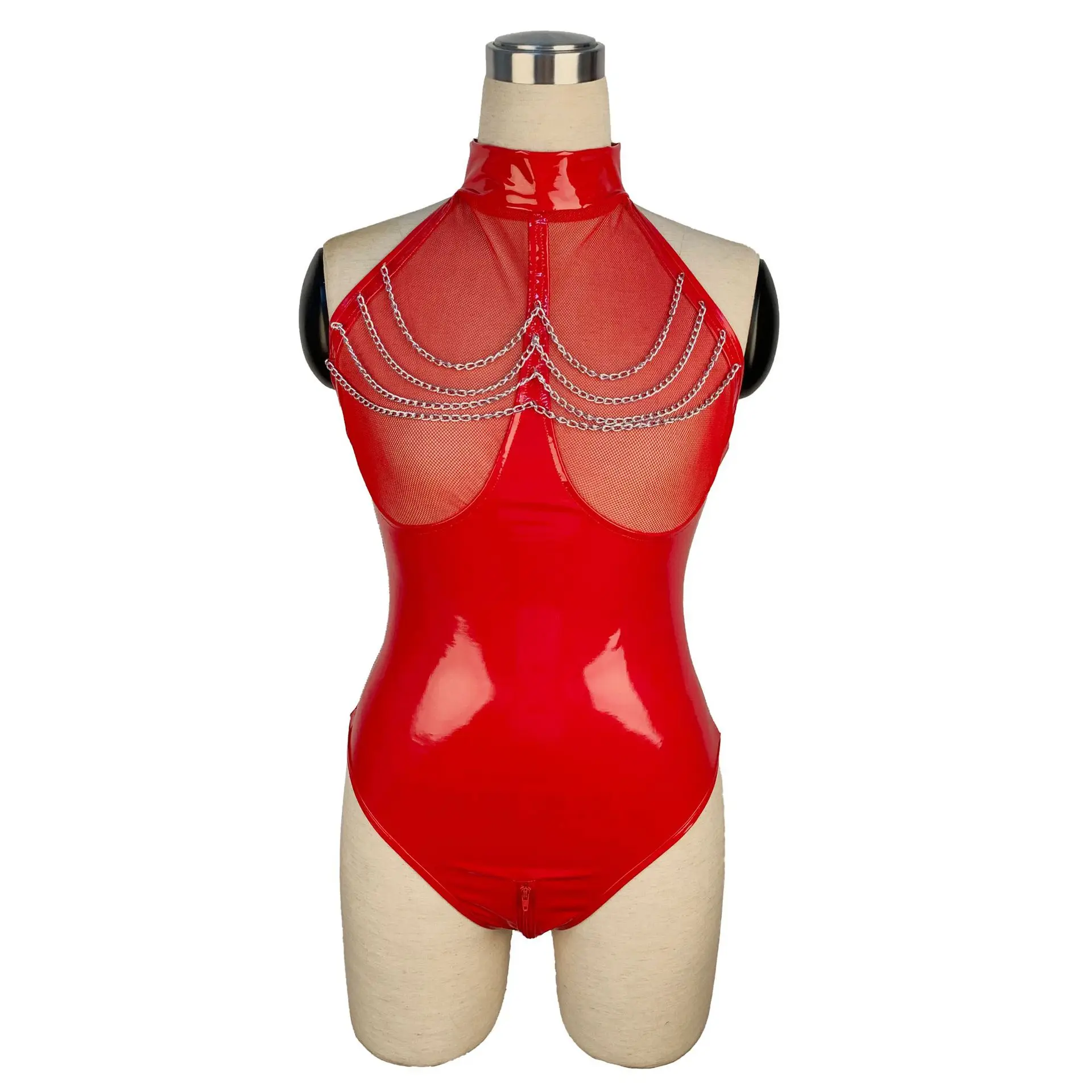 Catsuit en latex PU brillant avec soutien-gorge ouvert, costume de batterie, PVC, faux cuir, maille Teddy, lingerie, fétiche, 7.0, dos sexy