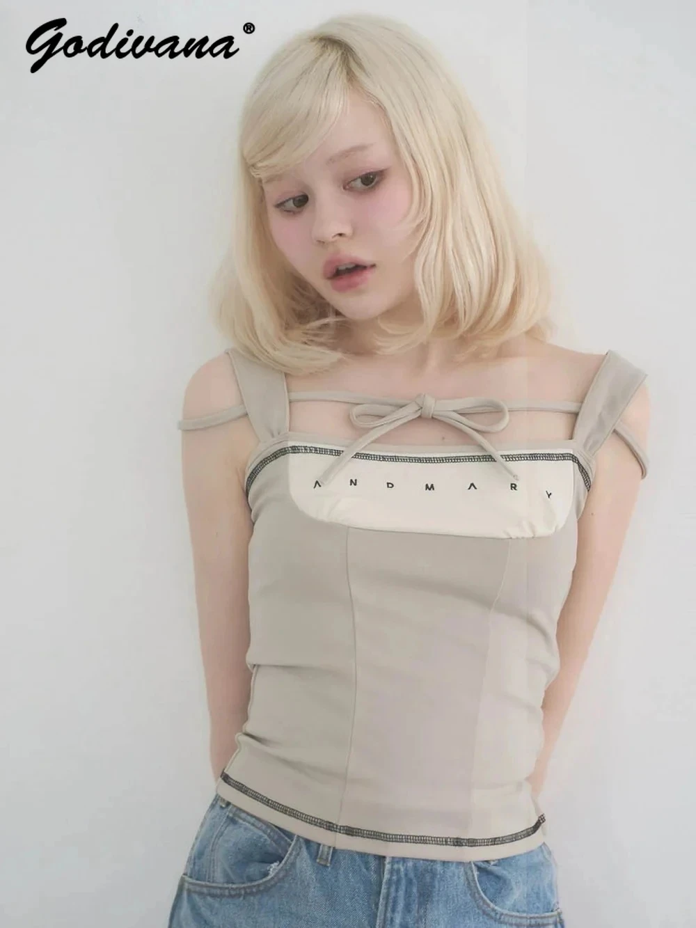 

Japanese Style New Summer Sweet Contrasting Color Lace-up Slim Suspender Vest Camisole Top Girl Women's Sling Tops