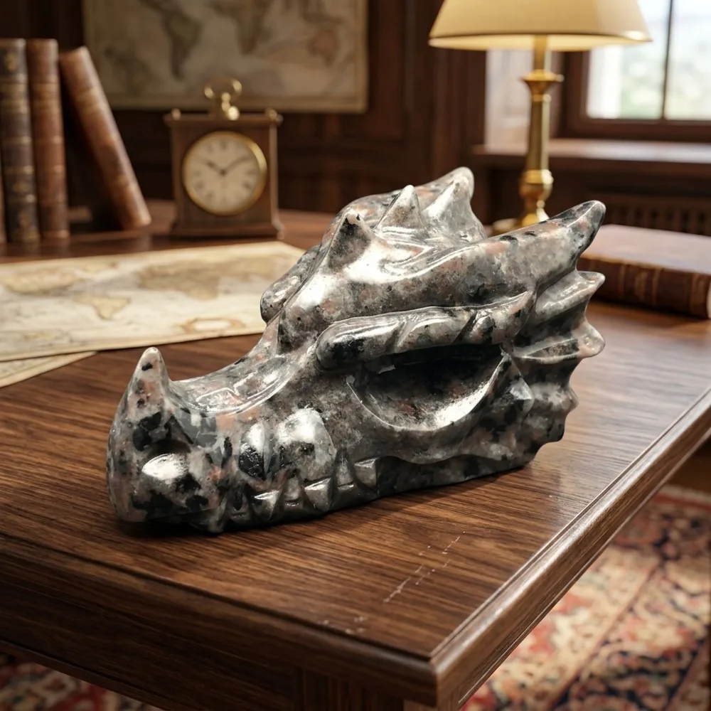 Hand-Carved Dragon Head Yooperlite Crystal Quartz Stone Reiki Healing Mineral Craft Home Office Desk Decoration