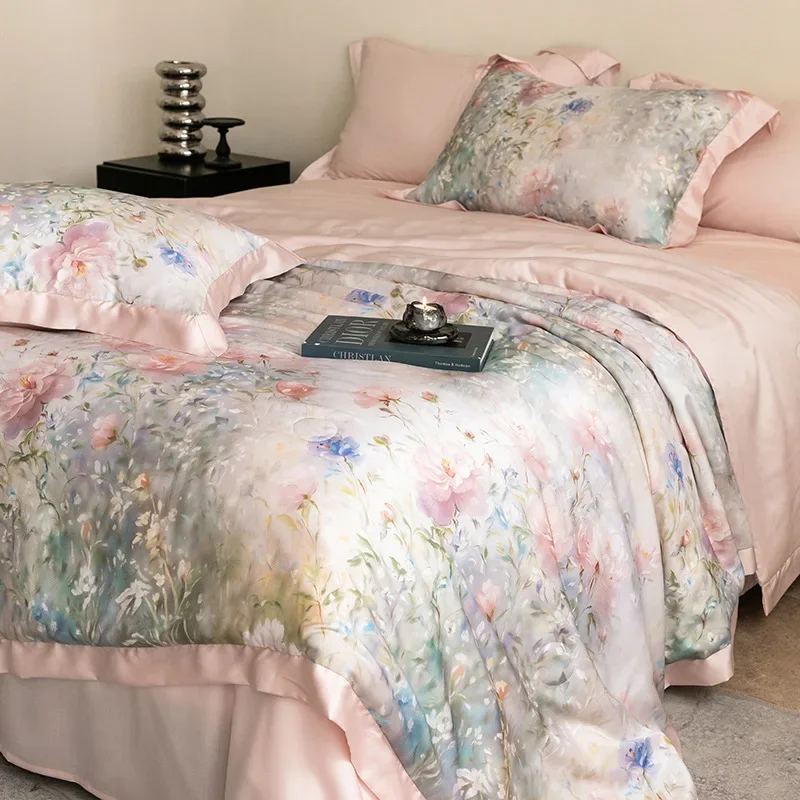 Printed 100% Lyocell Fiber Air Condition Quilt Smooth Flower Summer Cooling Quilts Luxury Skin-Friendly Naked Sleeping Comforter