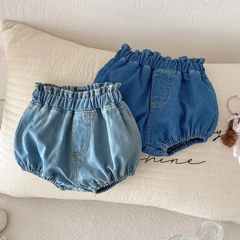 Baby Denim Bloomers Shorts Newborn Soft Cozy Cotton Toddler Boys Girls Summer Shorts Pants Ruffles Waist Kids Clothing 0-3T