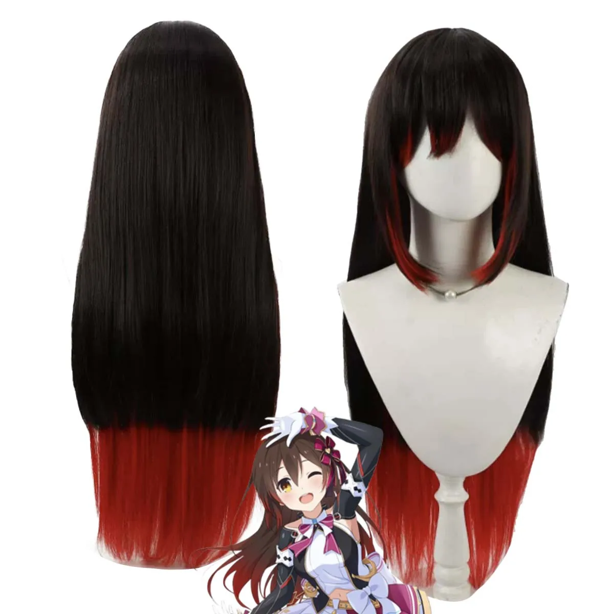 Virtual YouTuber Roboko san Cosplay Long Black Red Heat Resistant Synthetic Hair Wig