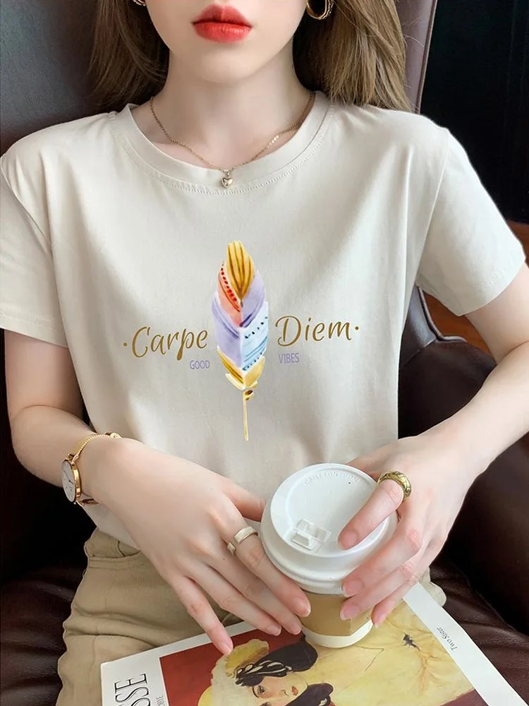 TuangBiang Summer 2023 New Gradient Feather Letter Printing Apricot Cotton T-Shirt Casual Short Sleeve Lady Tshirt Feminine Tops