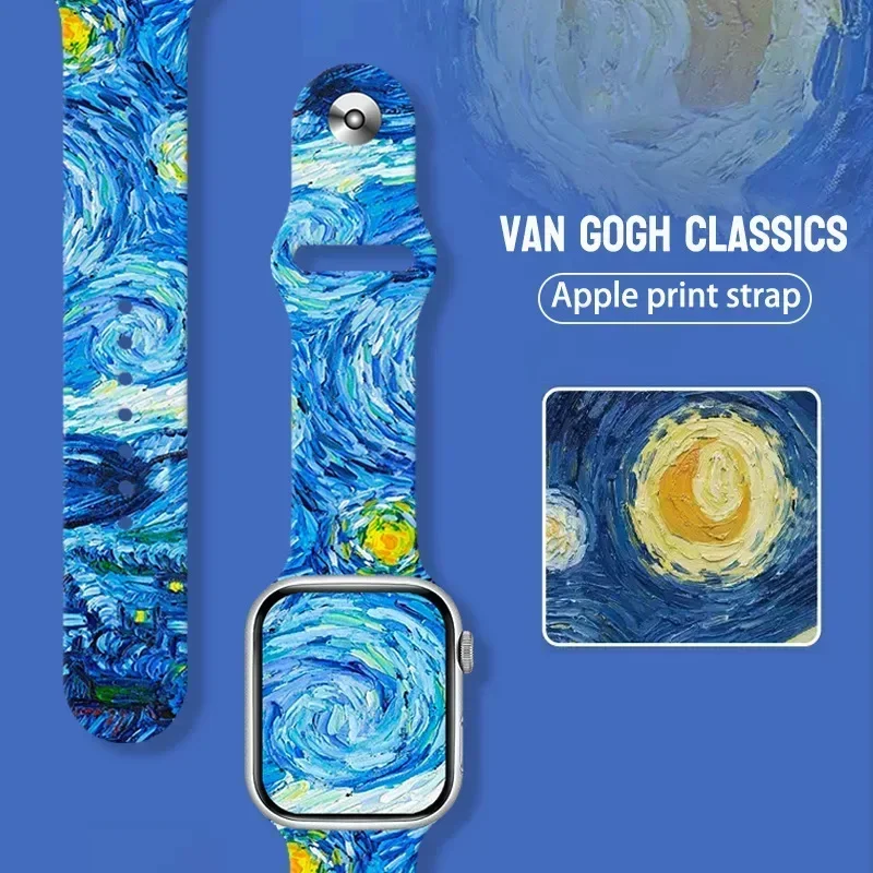 Van Gogh oil painting printed silicone strap suitable for Apple Watch Ultra S8 watch wristband Bands for apple watch strap