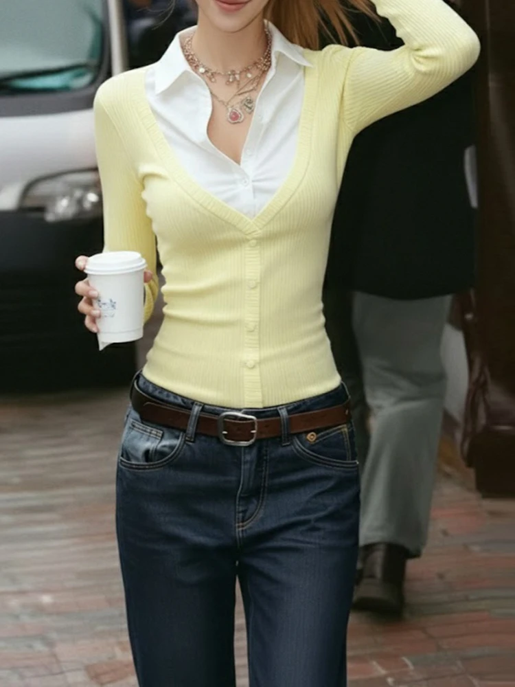 SsTss الحلو الكورية نمط متماسكة للنساء موضة كتلة اللون وهمية قطعتين رفض طوق كم طويل سليم البلوز القمم #1