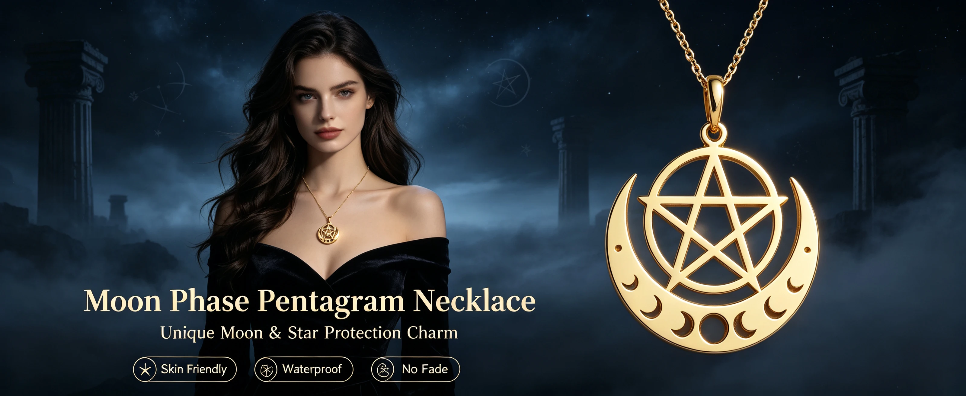 Kkjoy Mondphasen-Halbmond-Pentagramm-Anhänger-Halskette aus Edelstahl, mystisches Symbol, Halsschmuck, Unisex-Amulett, Accessoire, Geschenk – Detail 1