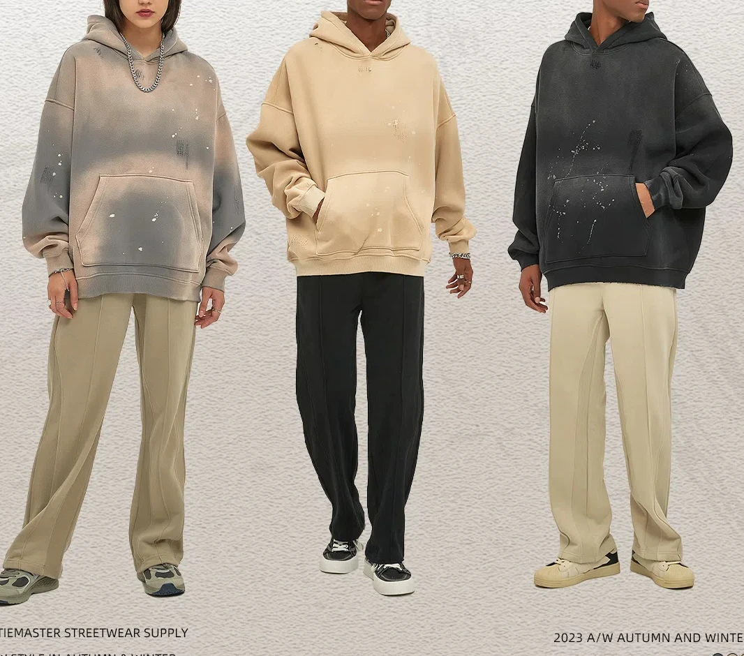 Abstract Splashed Ink Hoodies Men Heavyweight Vintage Streetwear Tattered Edges Oversized Drop Shoulder Thermal Lined Windproof