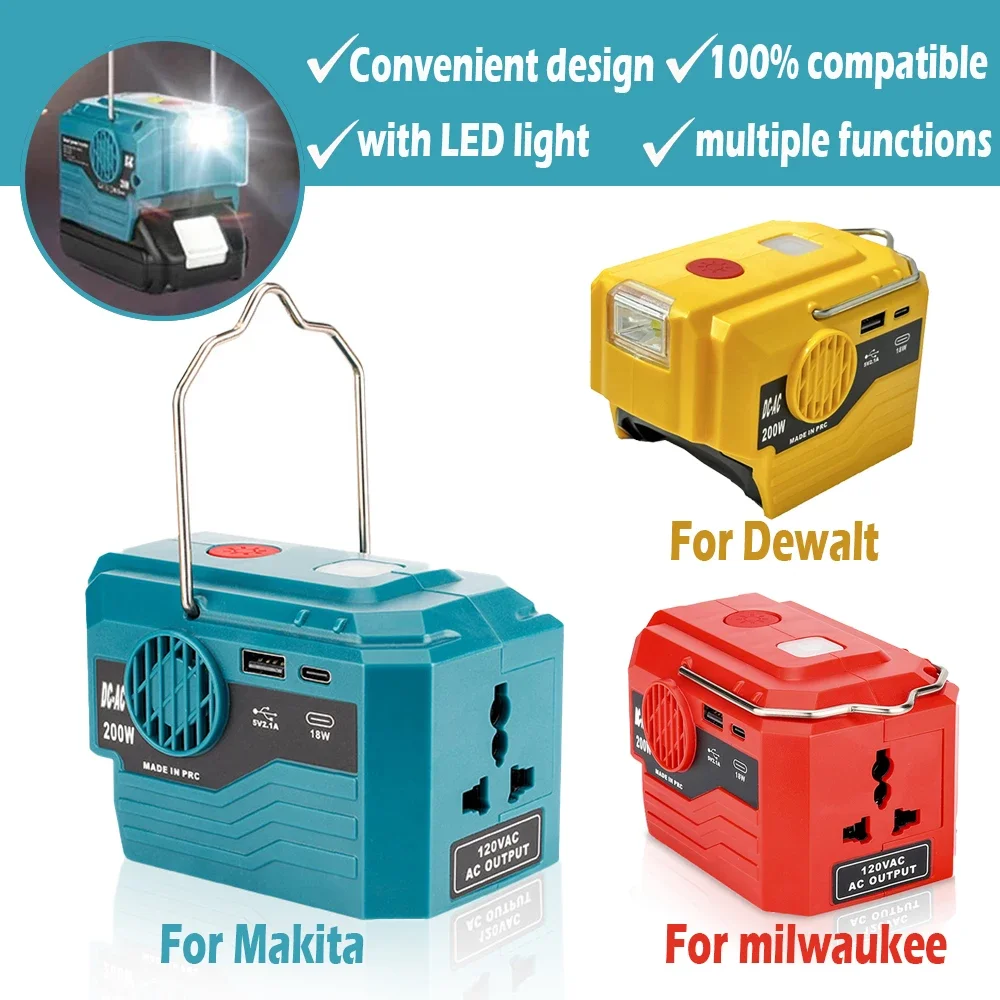 200W Portable Power Inverter For Makita/Bosch/Dewalt/Milwaukee 18V Battery AC 120-220V Outdoor Portable Inverter With LED Light