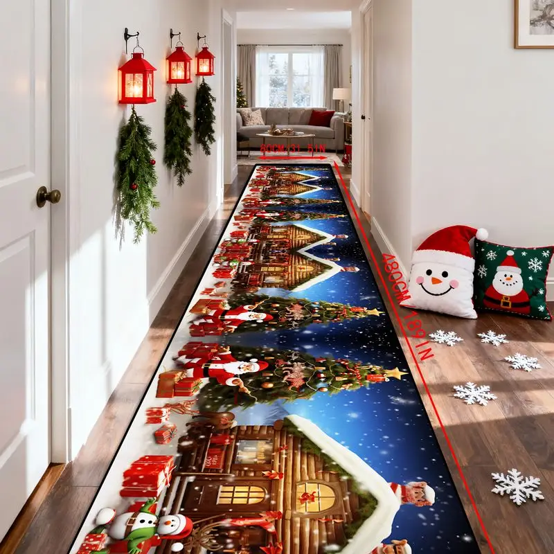 VIKAMA Christmas Runner Rug Snowy Village Cabin Santa Claus Gift Long Carpet Hallway Corridor Entryway Christmas Holiday Decor