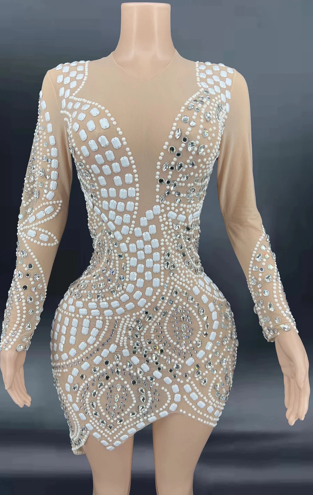 Lussuoso abito corto con strass bianco argento Sexy Prom da sera festeggia il vestito da compleanno per feste Mesh See Through Show Stage Wear