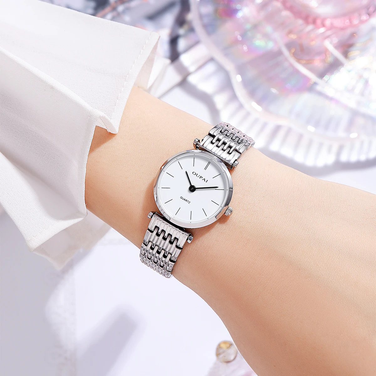 OUPAI круглые женские кварцевые часы из нержавеющей стали, повседневные маленькие и изысканные женские часы со шкалой со стразами