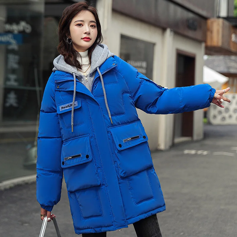 Women\'s Fashion Klein Blue Jacket 2022 Winter Down Cotton Warm Hooded Coat Solid Color Loose Thicken Warm Female Parka Coat