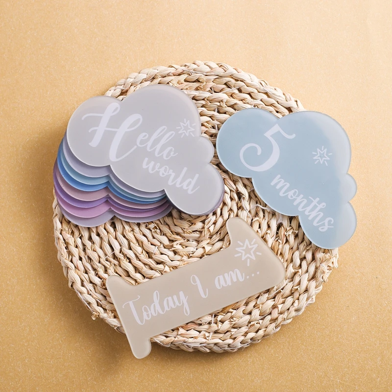 14Pcs Baby Acrylic Memorial Milestone Cards Cloud Shape Cards 0-12 Months Number Monthly Newborn Photography Props Birth Gift