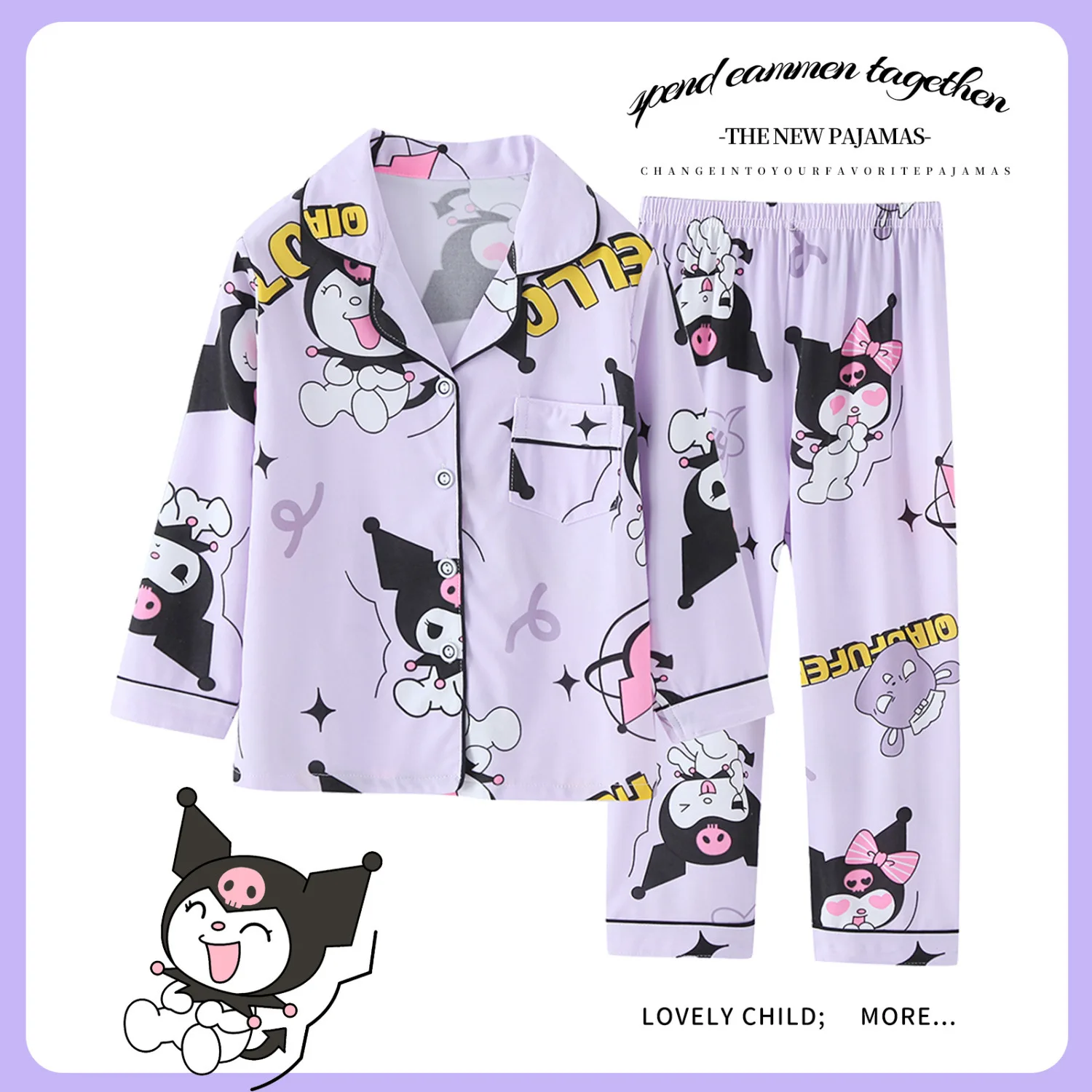 

Kawaii Hello Kitty Kuromi My Melody Children's Long-Sleeved Cotton Pajamas Set Anime Sanrio Girly Heart Cute Girls Home Clothes