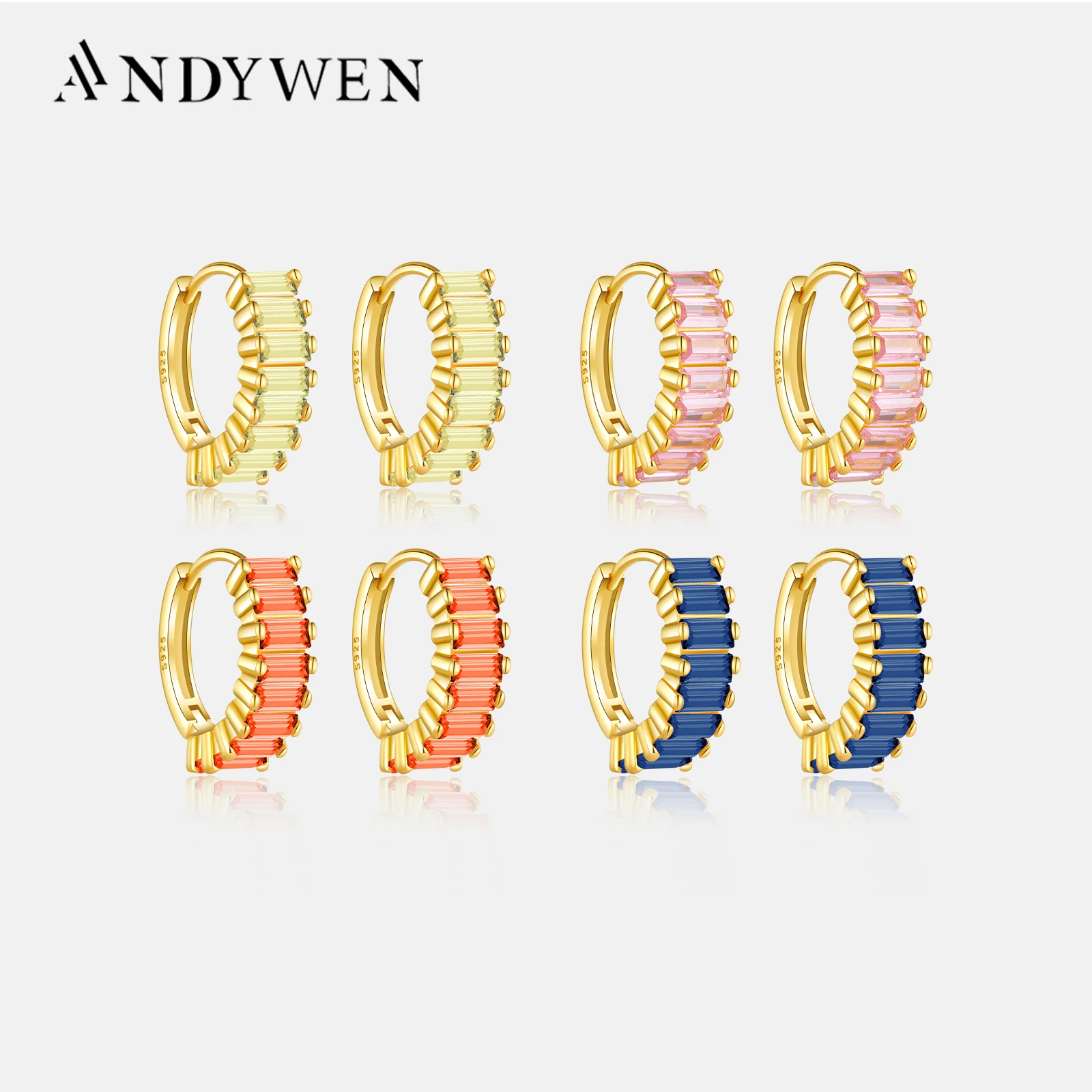 ANDYWEN 100% 925 Sterling Silver Gold Colorful Pink Orange Zircon Hoops Huggies Piercing Pendiente Luxury Jewelry For Women