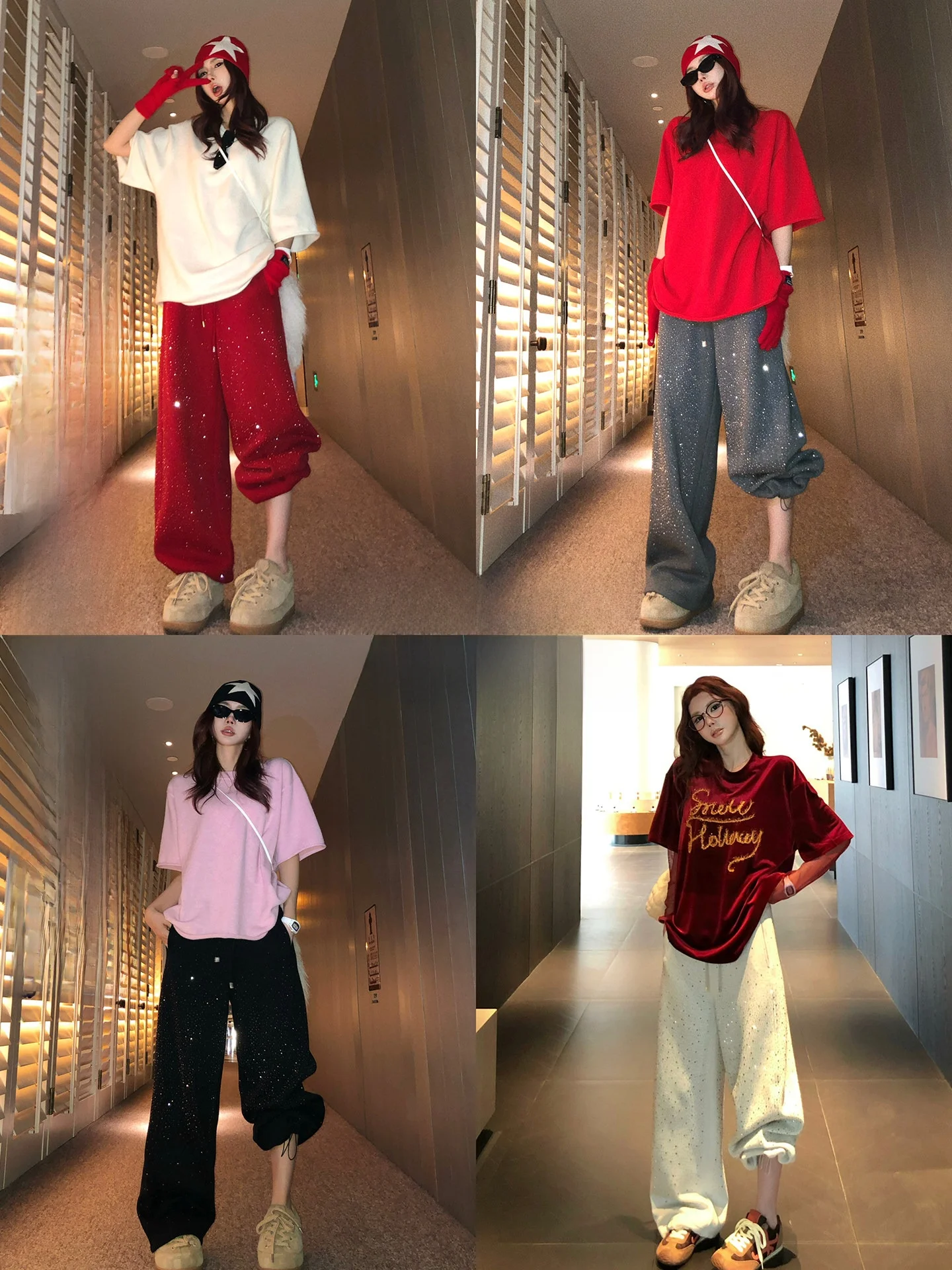 

Tiara Alloy Sparkling Casual Pants Women's Early Spring Straight Leg Sports Cotton Blend Loose Fit Tapered Pants