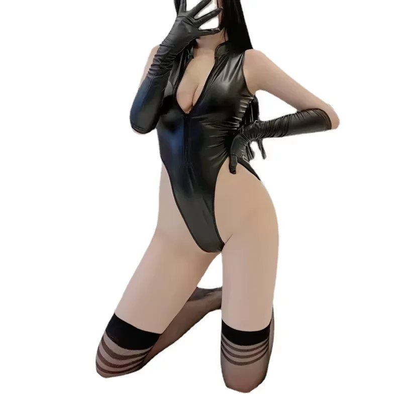 

Плюс размер M-5XL, сексуальное женское белье из лакированной кожи с перчатками, чулками, боди, нижнее белье, эластичный комбинезон с глубоким V-образным вырезом, новинка
