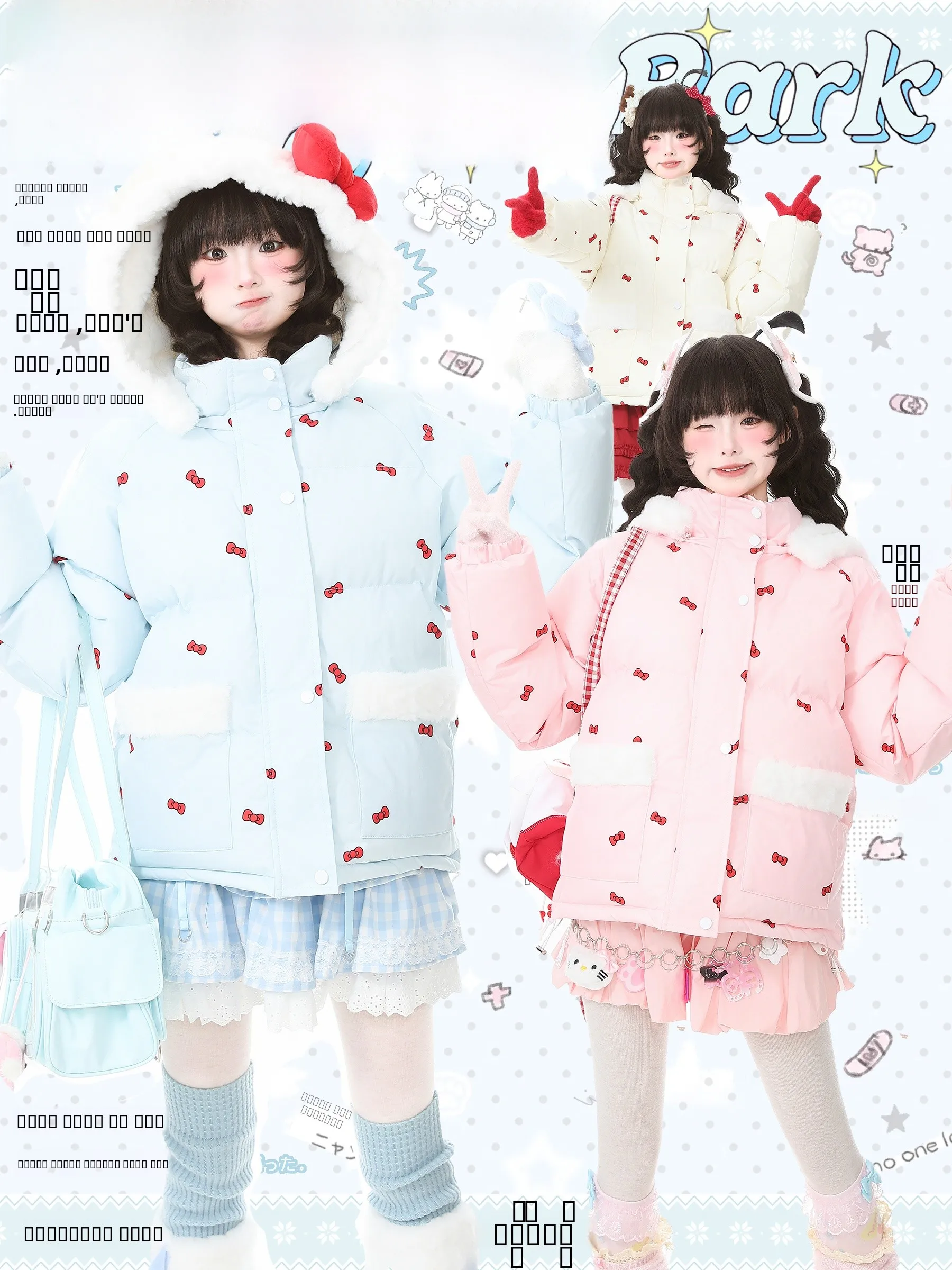 

Languid Park Thiened Winter Cotton Jaet Women's Hooded Knot Coat Sweet Sle Printed Princ Loose Fit Zipper