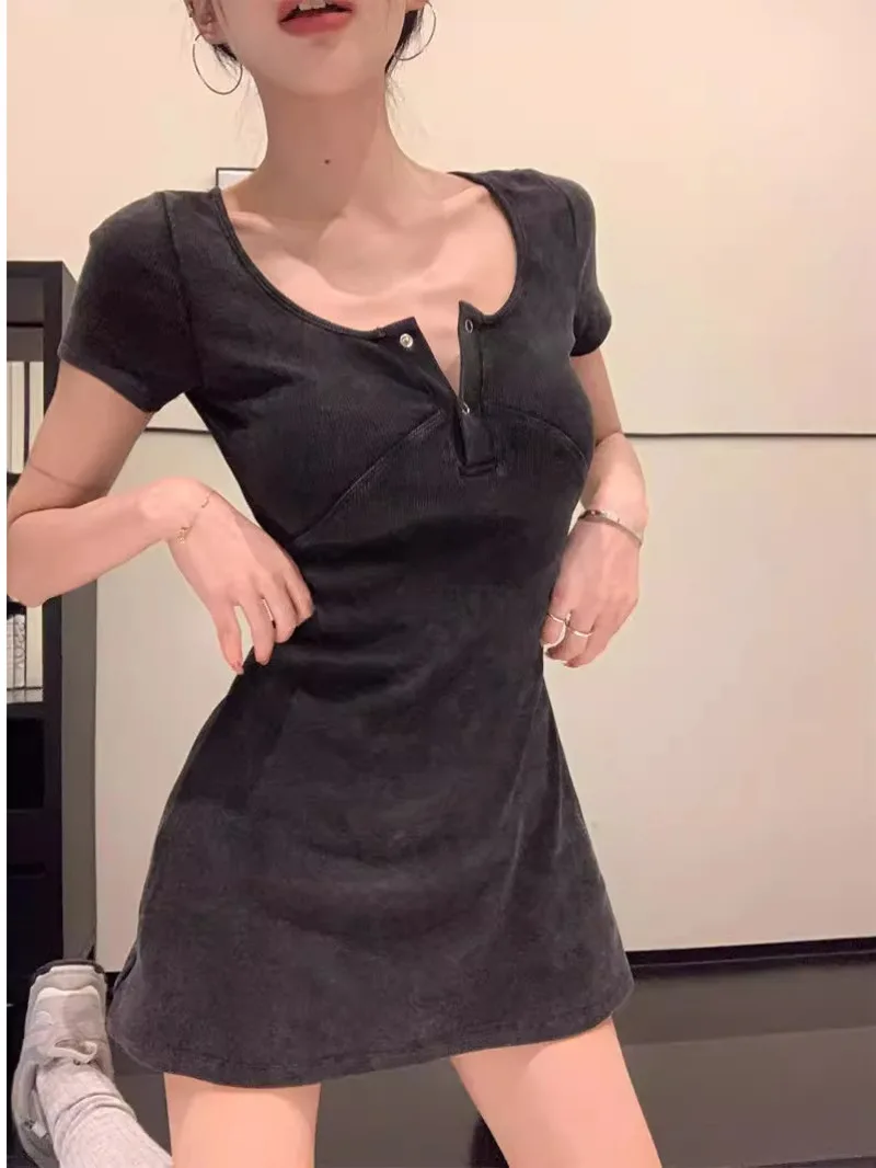 Женское приталенное платье с коротким рукавом, летнее ТРАПЕЦИЕВИДНОЕ ПЛАТЬЕ с завышенной талией, обтягивающее ягодицы, новинка 2024, C793 Женское приталенное платье с коротким рукавом, летнее ТРАПЕЦИЕВИДНОЕ ПЛАТЬЕ с завышенной талией, обтягивающее ягодицы, новинка 2024, C793