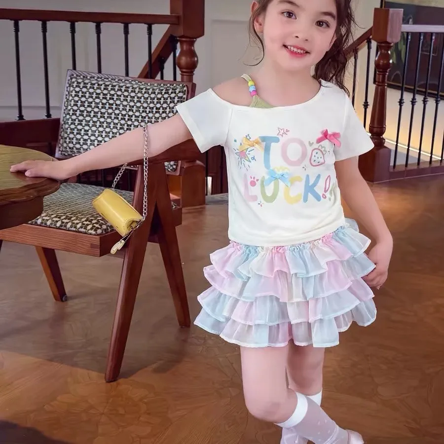 

Girls Summer Outfit Fashionable New Children's Short Sleeve T-shirt Elegant Cake Skirt Two-piece Set