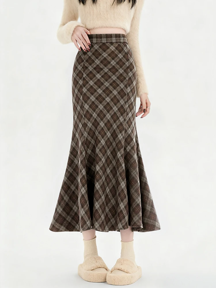 

Thiened Woolen Plaid A-Line Skirt Women's Autumn Winter New Sle Fi Tail Wrap around Skirt High Waist Midi Skirt