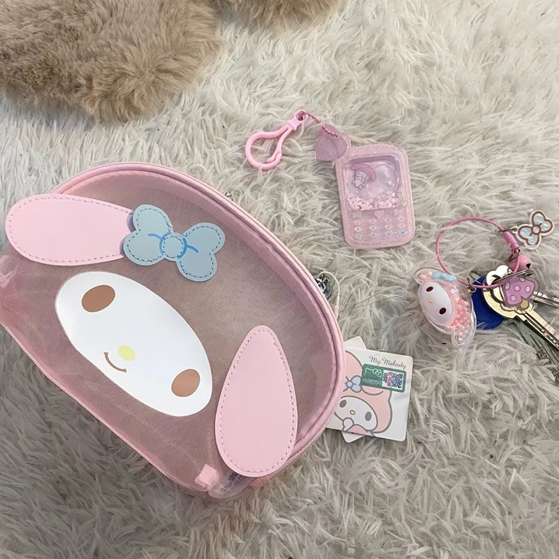 Sanrio Kawaii My Melody Pencil Case Cinnamoroll Student Mesh Zipper Storage Bag Cartoon Transparent Shell Cosmetic Storage Bag