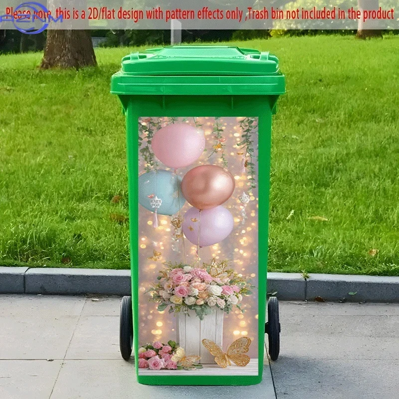 PC 2D Flat Self-Adhesive Trash Can Sticker, Dreamy Balloon and Bouquet Decorative Decal, Creative Trash Can Decoration, Suitab