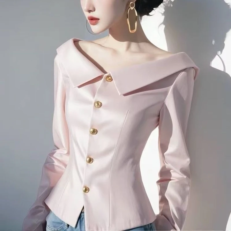 

2025 Spring Fall Women V Neck Beige White Slim Imitation Silk Top T Shirt , Woman Autumn Elegant Tops Shirts