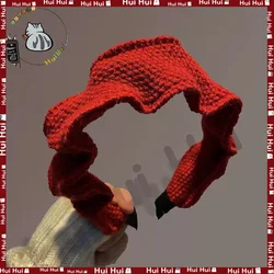 High Cranial Top Pleated Wool Wide Version Hair Hoop Headband Women Retro Red Knitted Hair Clip Hair Accessory Slim Face