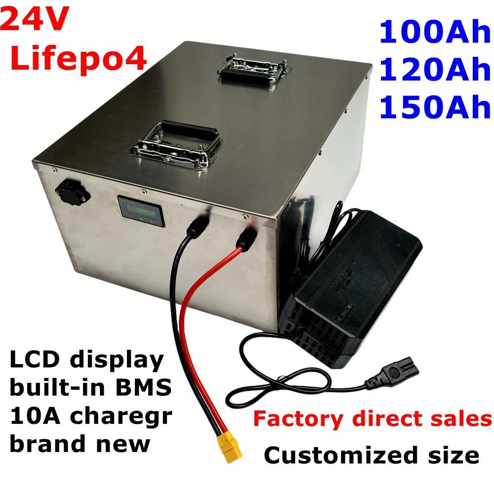 HX-Lifepo4 24v 100ah 120ah  150ah battery with 100A BMS for electric fishing boat solar panel 24V 2000W inverter +10A Charger.