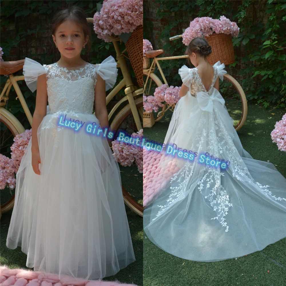 Flower Girl Dress Elegant White Tulle Fluffy Lace Printing Appliqué Princess Kids Birthday Wedding Party Ball Communion Gowns