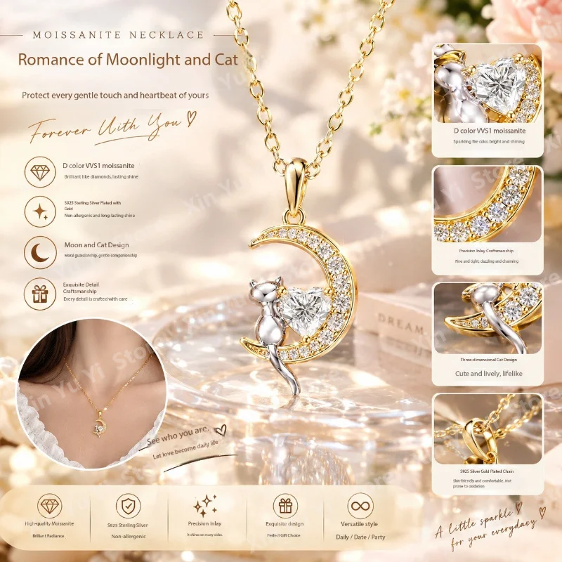 Cute Cat Moon Pendant Necklace for Women Gold Color Chain Heart Moissanite Rhinestone Starry Moon Fashion Jewelry Birthday Gift