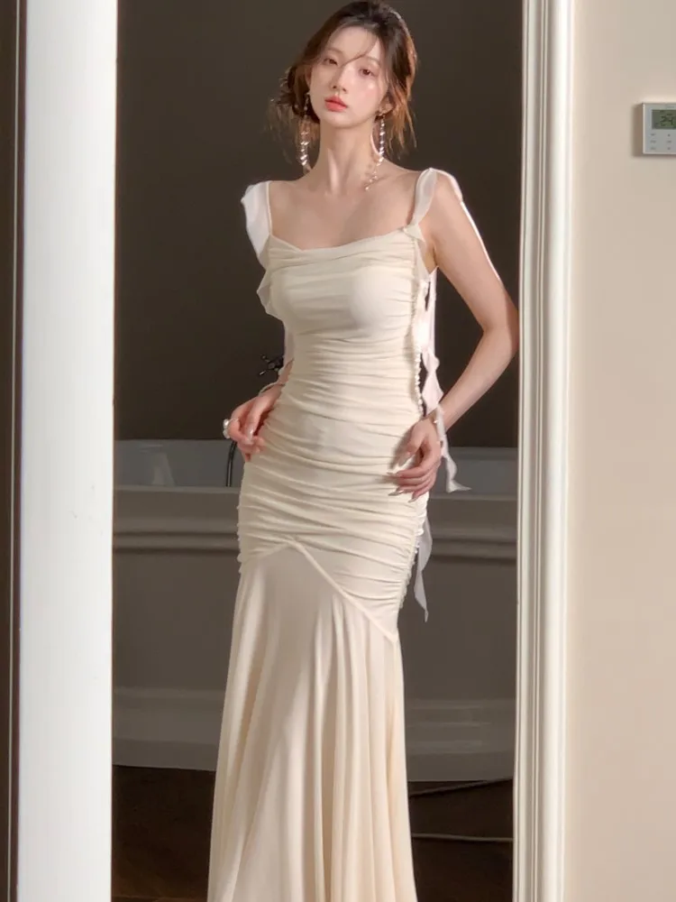 

Women High Waist Pleated Slim Fit Lace Trim Spaghetti Strap Dress Sexy Bodycon Sleeveless Mermaid Dresses Evening Party Clothes