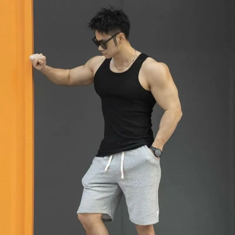 Men's Heavy Ribbed Tank Top American Style Muscle Fit Gym Workout Training Vest Slim Fit Stretchy Breathable Summer Sports Shirt