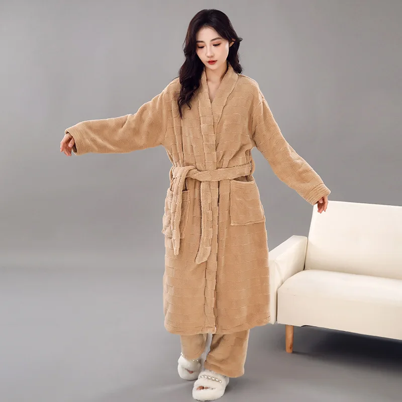 Thick Coral Fleece Pajamas Set with Pant Plush Winter Home Clothes Women Bathrobe Stand Collar Soft Velvet Ladies Home Sleepwear