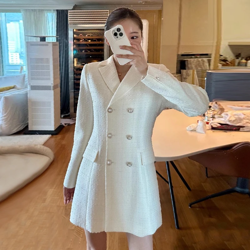 Women's Spring Autumn French Style Double Breasted Tweed Dress Lady Vintage Streetwear Long Sleeve Slim Short Blazer Dress