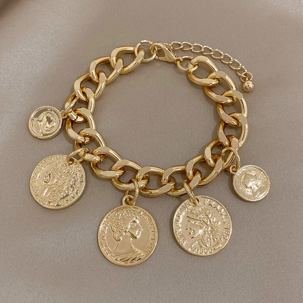 Bracelets en chaîne cubaine couleur or épais pour femmes et hommes, Vintage Punk, Portrait de pièces de monnaie, breloques, bijoux cadeaux de fête