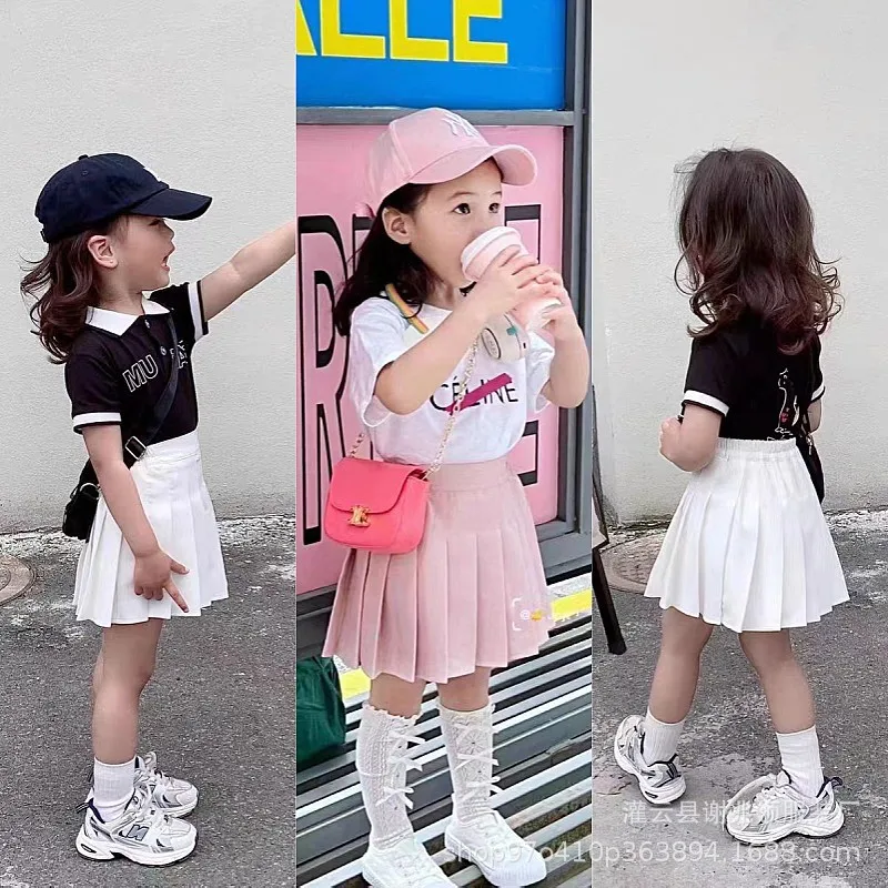 2026 White Pleated Skirt Girls Summer High Waisted Aline Skirt Pants Korean Version Academic Style Children Elastic Waist Skirt