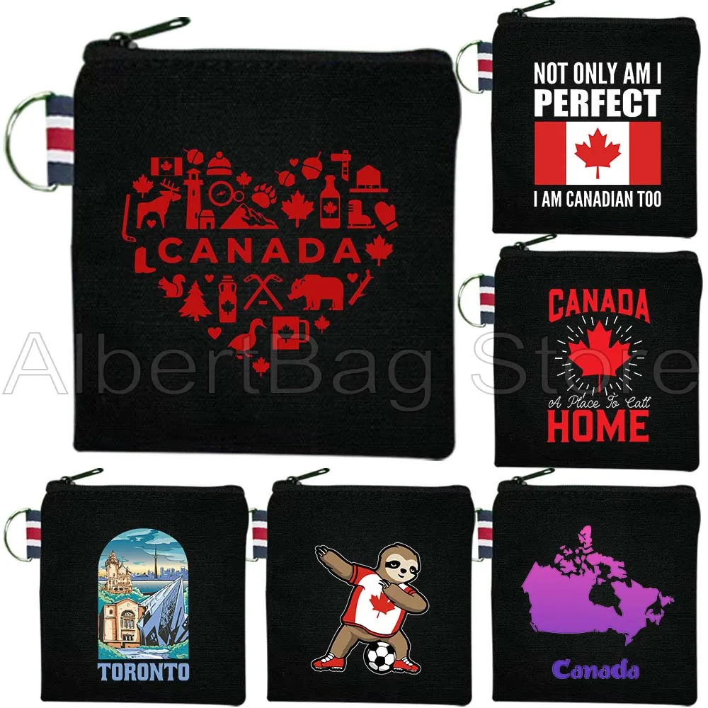 

Canada Map Flag Happy Canadian Girl Toronto Tourist Gifts Canvas Coin Purse Bag Square Key Storage Card Bag Cotton Wallet Pouch