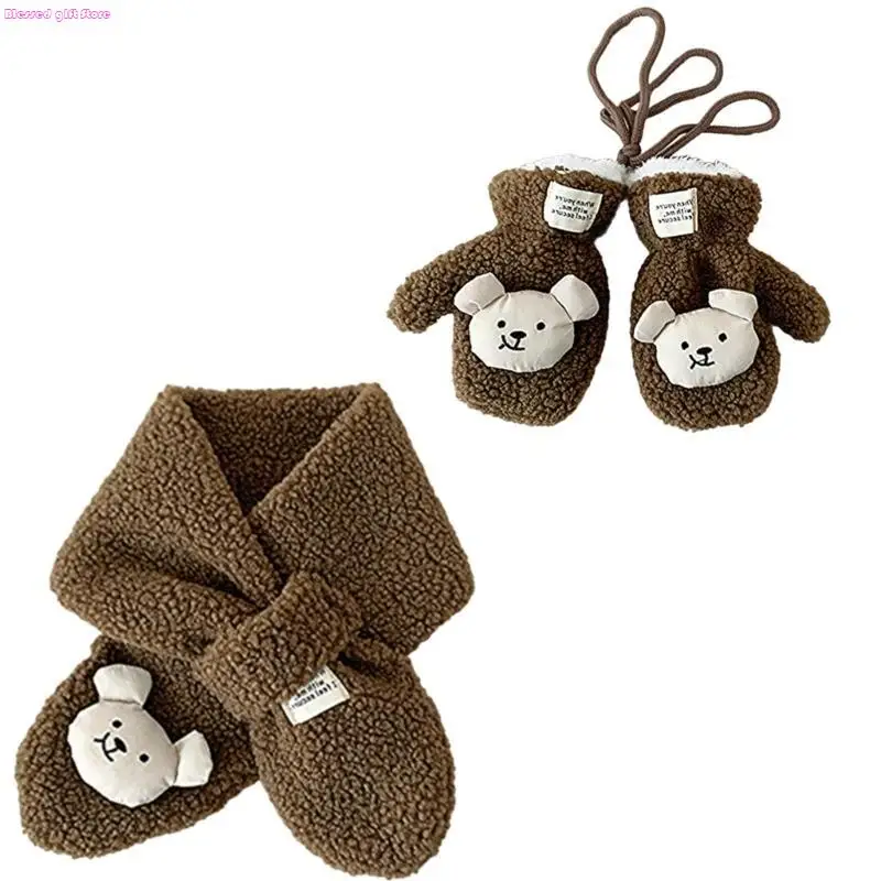 D0JC 1 Set Lamb Wool Scarf and Gloves for Infants Baby Neck Warmer with Matching Gloves Fashionable Neckerchief & Mittens