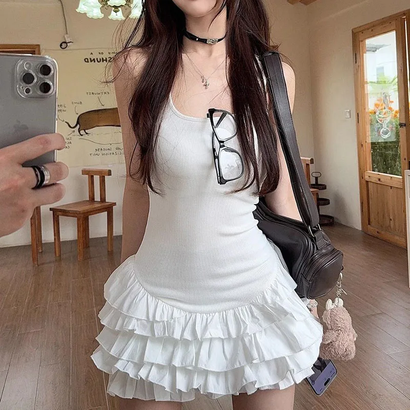 Weißes gestricktes Trägerkleid für Damen, süß, niedlich, mit kaskadierenden Rüschen, JK-Lolita-Kleider, Mädchen, Sommer, schmale Passform, ärmelloses Minikleid
